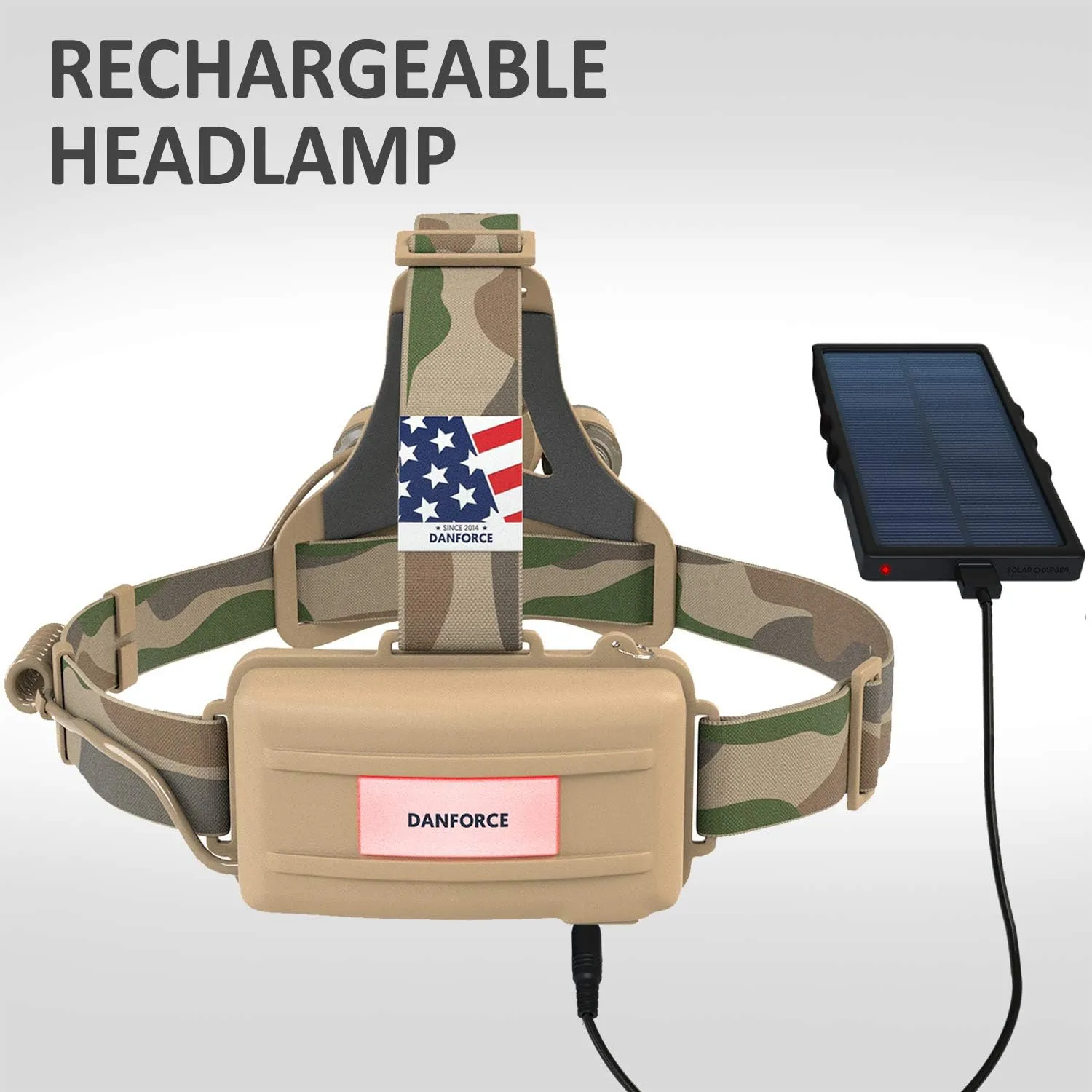 DanForce Camouflaged Headlamp Ultra Bright USB Rechargeable Head lamp. Tactical Head Flashlight Designed Especially for Hunting & Fishing. LED Headlamps CREE 1080 Lumens Headlight with Red Light