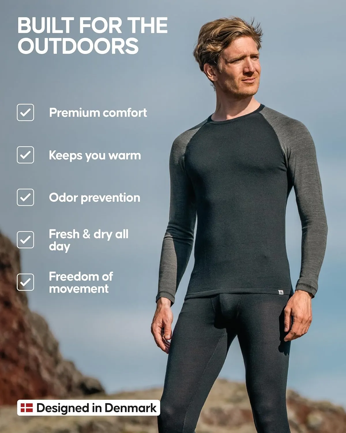 Danish Endurance Merino Wool Long Sleeve for Men, Thermal Top, Merino Wool Base Layer Underwear, with or Without a Zipper