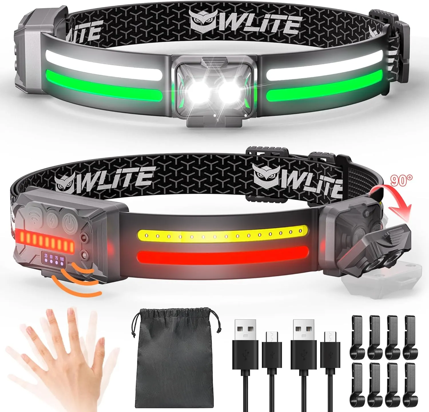 EGUKU Headlamp Flashlight, 2Pack Rechargeable LED Headlamps 1200Lumens 2 COB 260Wide Beam Headlight with Motion Sensor Bright 18 Modes Lightweight Waterproof Head Lamp for Running, Camping Hiking