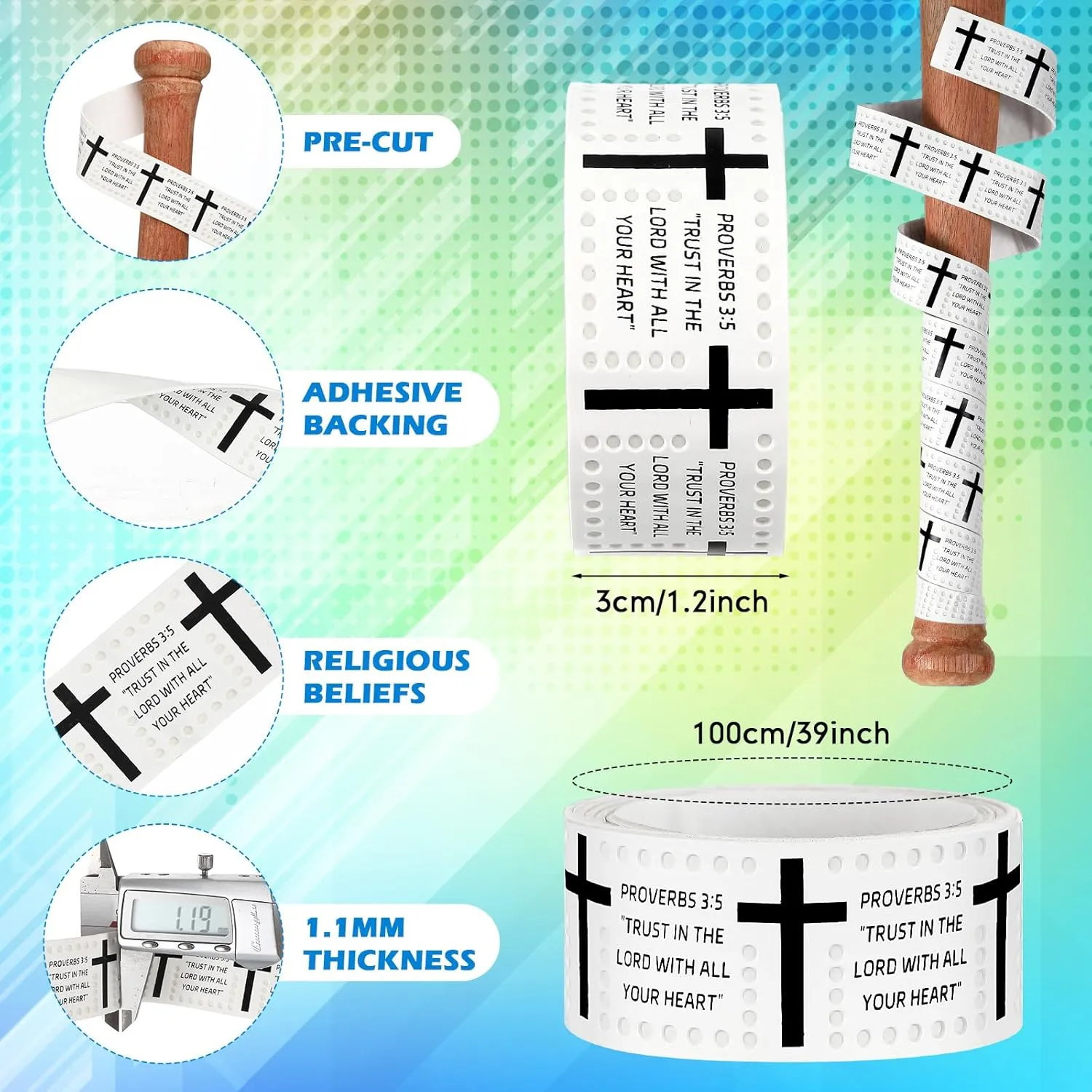 Faith Cross Baseball Bat Grip Tapes 1.1mm Precut Full Adhesive Softball Grip Tape,Non-Slip Softball Bat Wrap Religious Cricket Batting Tape Replacement