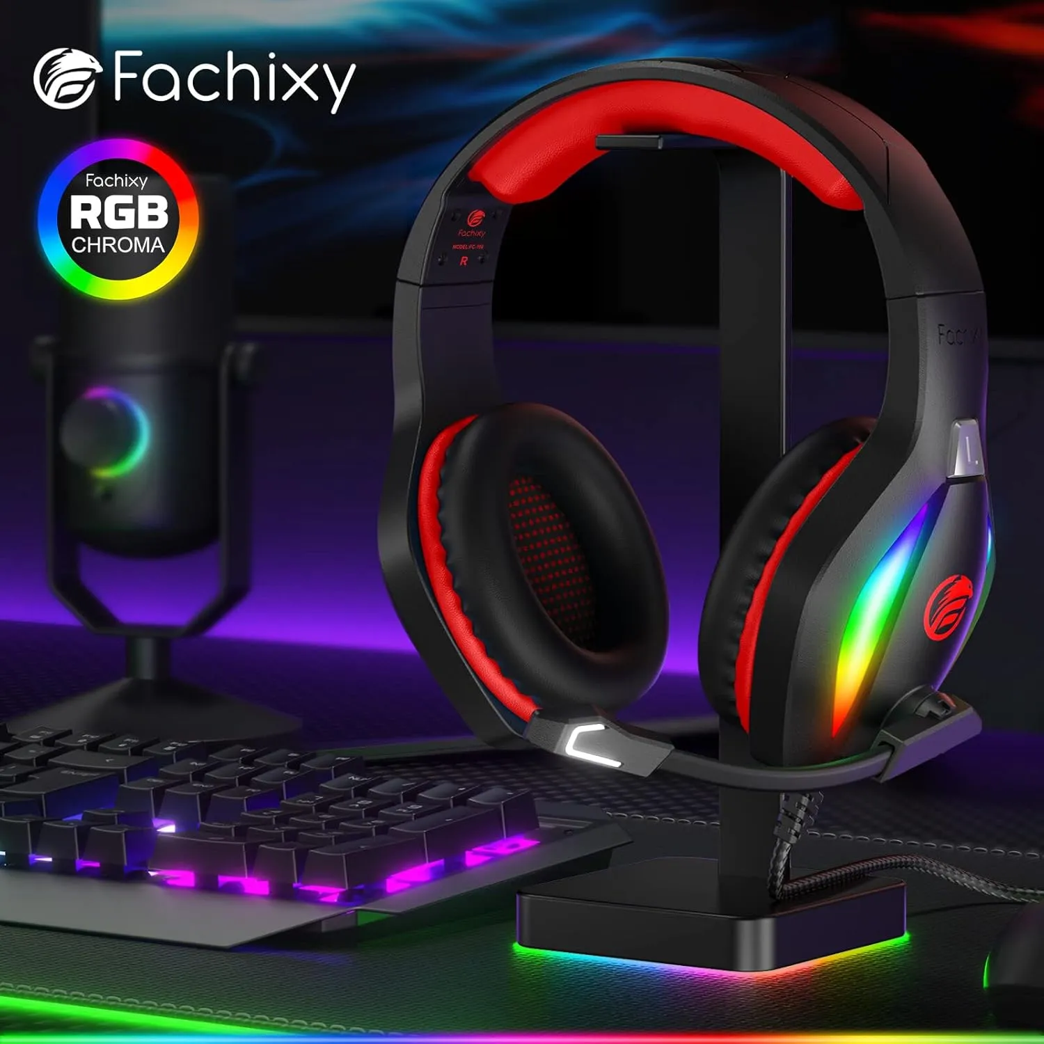 FC100 Gaming Headset with Microphone for PS4, PS5, Switch, Xbox, PC, Mac, Gamer Headset with RGB Light, Computer Headphones with Mic