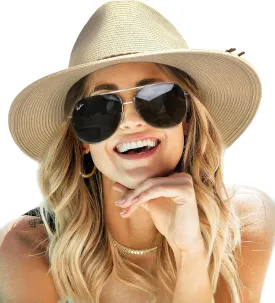 FURTALK Sun Hats for Women Summer Wide Brim UV UPF 80  Panama Fedora Foldable Packable Straw Beach Hat