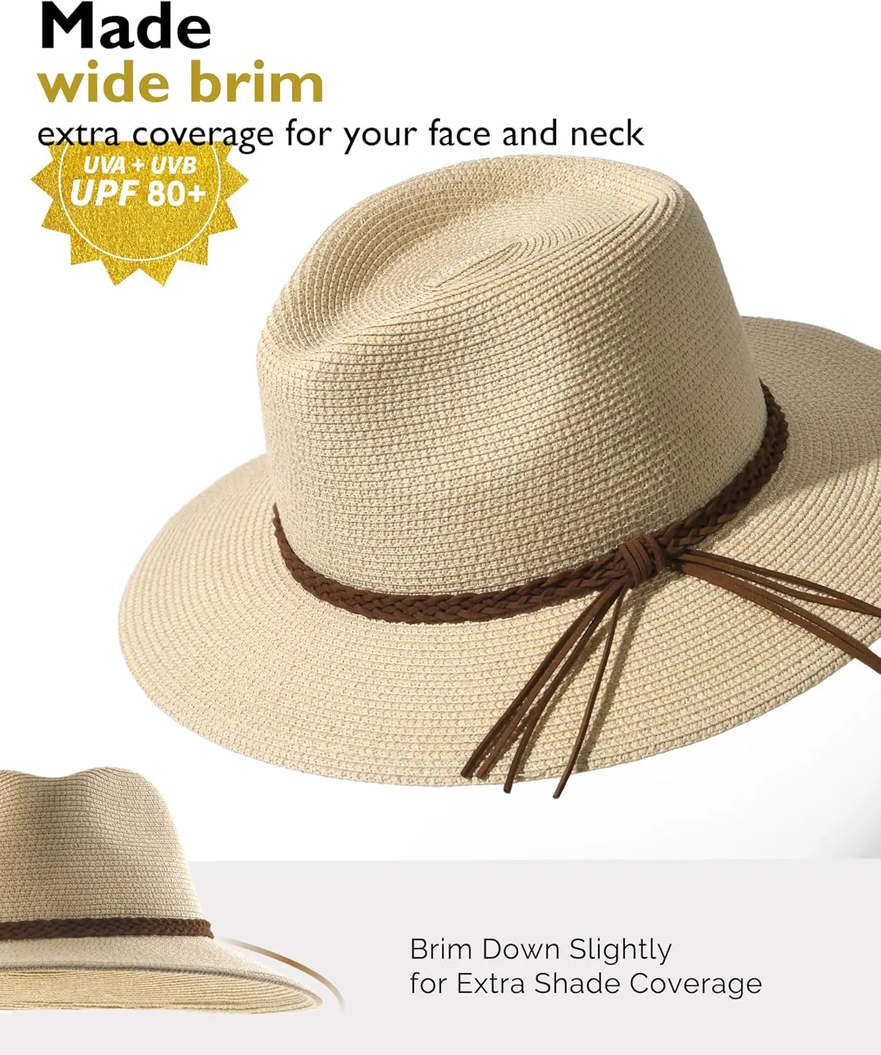 FURTALK Sun Hats for Women Summer Wide Brim UV UPF 80  Panama Fedora Foldable Packable Straw Beach Hat