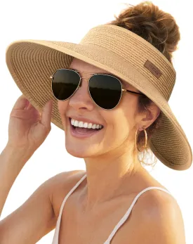 FURTALK Sun Hats for Women Wide Brim Beach Hat Straw Visor Ponytail Summer UV Packable Foldable Beach Vacation Essentials