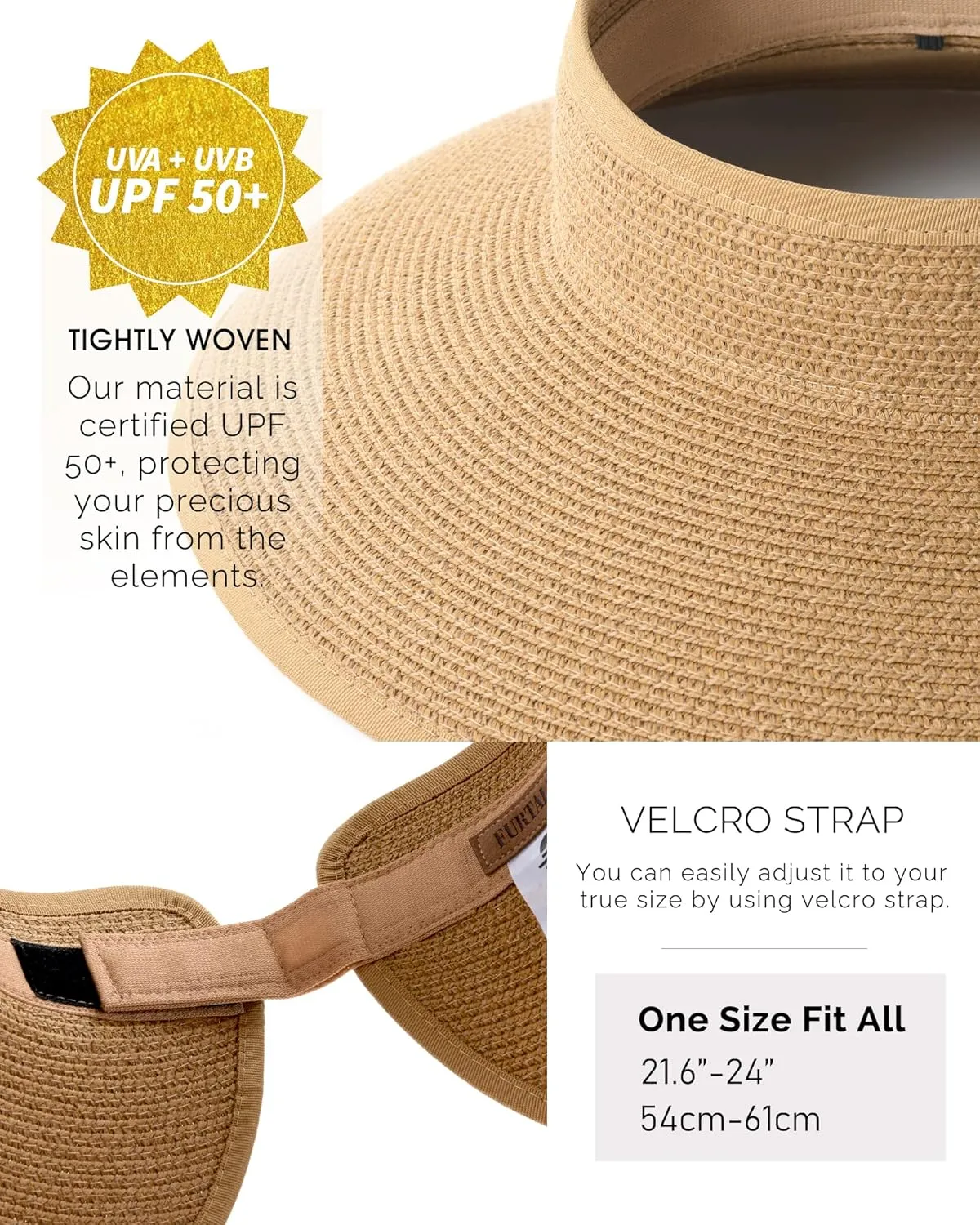 FURTALK Sun Hats for Women Wide Brim Beach Hat Straw Visor Ponytail Summer UV Packable Foldable Beach Vacation Essentials