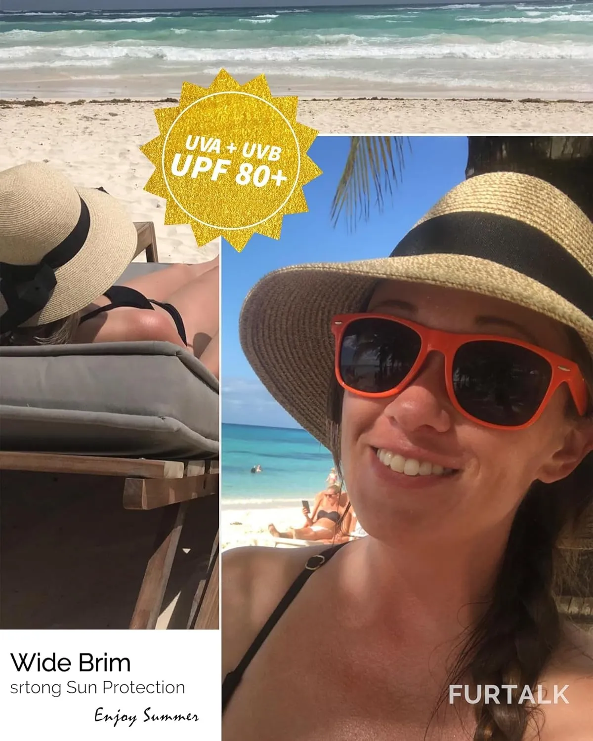 FURTALK Womens Beach Sun Straw Hat UV UPF 80  Travel Foldable Brim Summer UV Hat