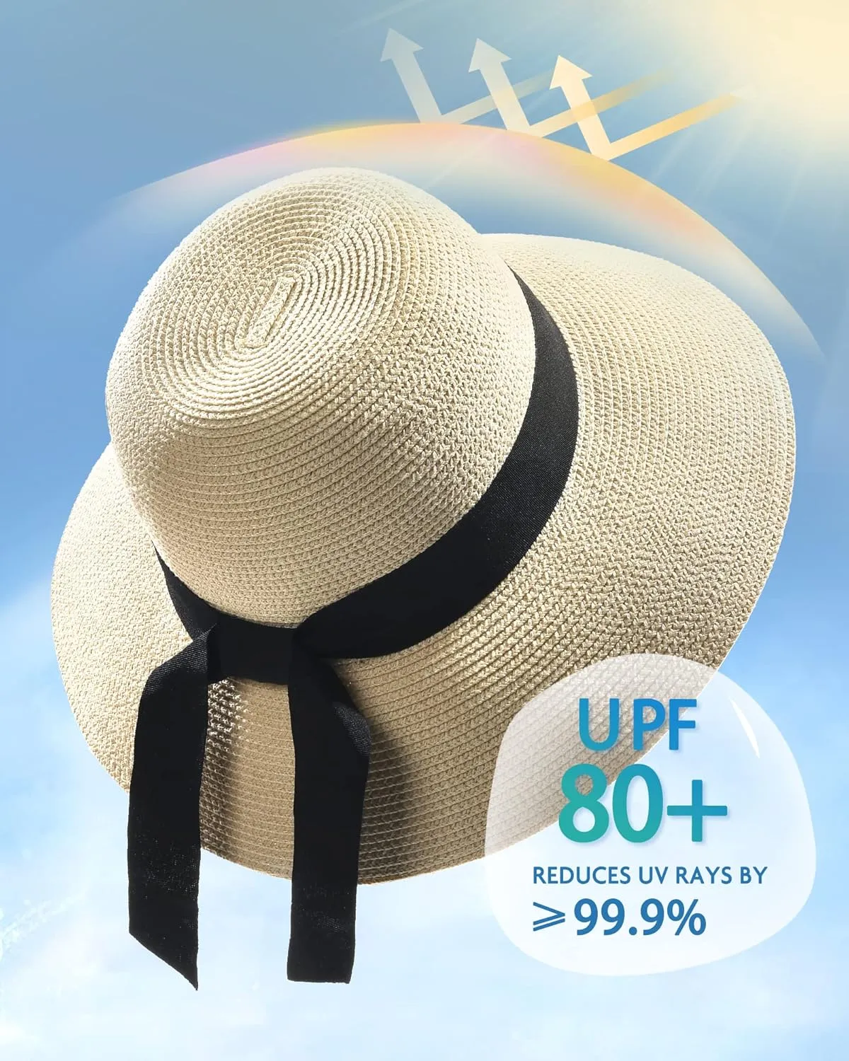 FURTALK Womens Beach Sun Straw Hat UV UPF 80  Travel Foldable Brim Summer UV Hat