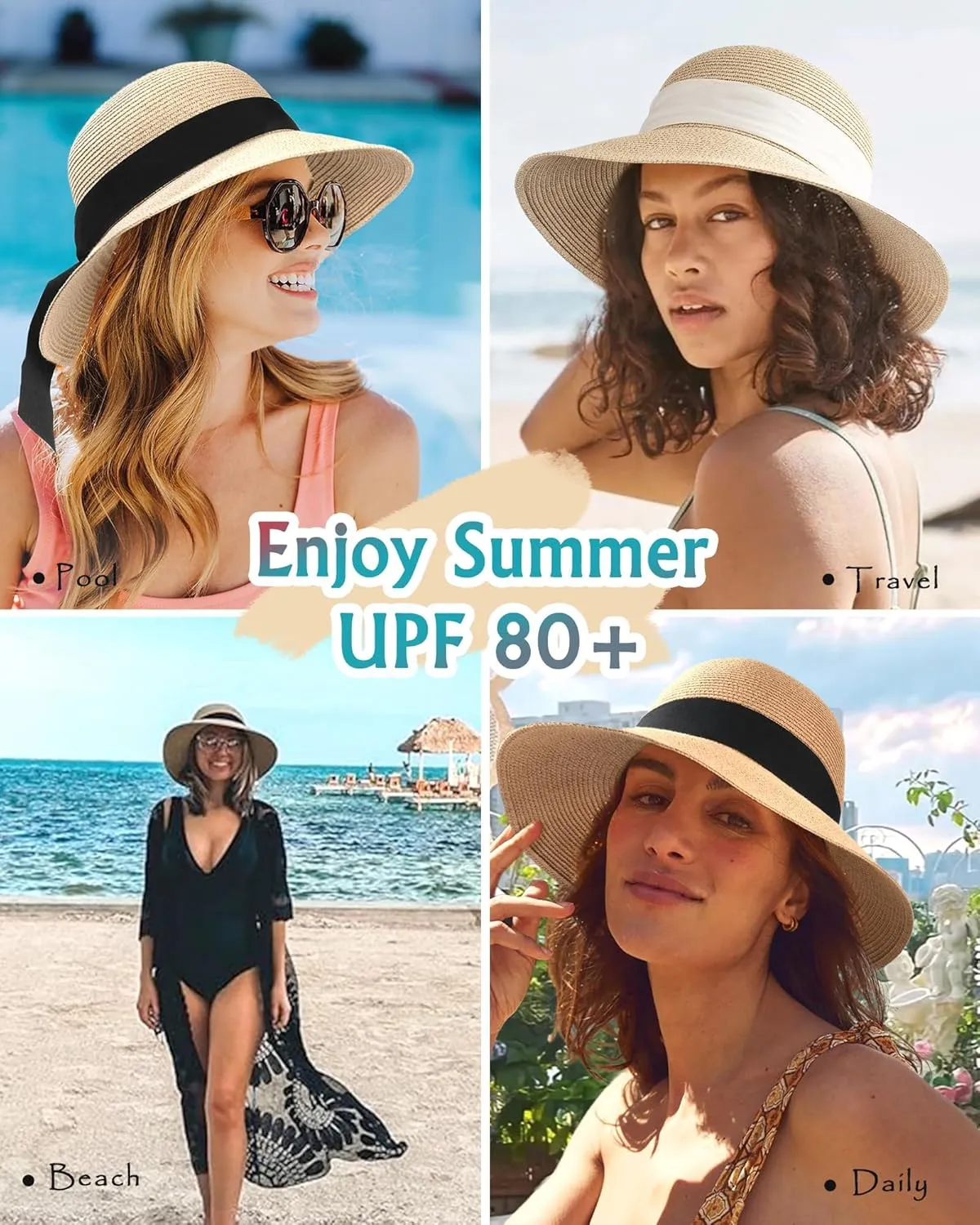 FURTALK Womens Beach Sun Straw Hat UV UPF 80  Travel Foldable Brim Summer UV Hat