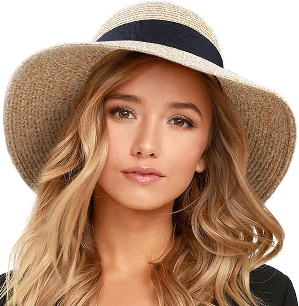 FURTALK Womens Beach Sun Straw Hat UV UPF 80  Travel Foldable Brim Summer UV Hat
