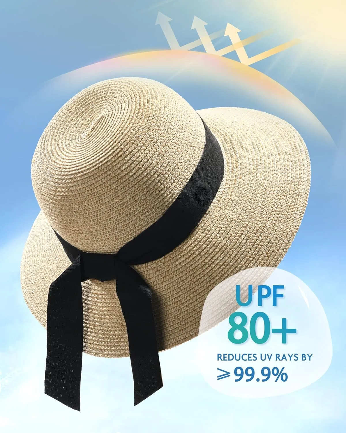 FURTALK Womens Beach Sun Straw Hat UV UPF 80  Travel Foldable Brim Summer UV Hat