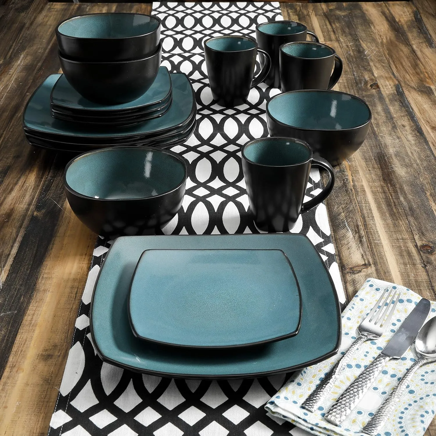 Gibson 99813.16R Elite Soho Lounge 16 Piece Reactive Glaze Dinnerware Set, Teal/Black Tutone