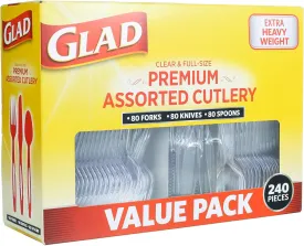 Glad Disposable Cutlery Set - Clear Heavy Duty Plastic Forks, Knives, and Spoons - 240 Piece Plasticware for Parties - Durable, Sturdy Recyclable Utensils - Great for July 4th, Thanksgiving, Christmas