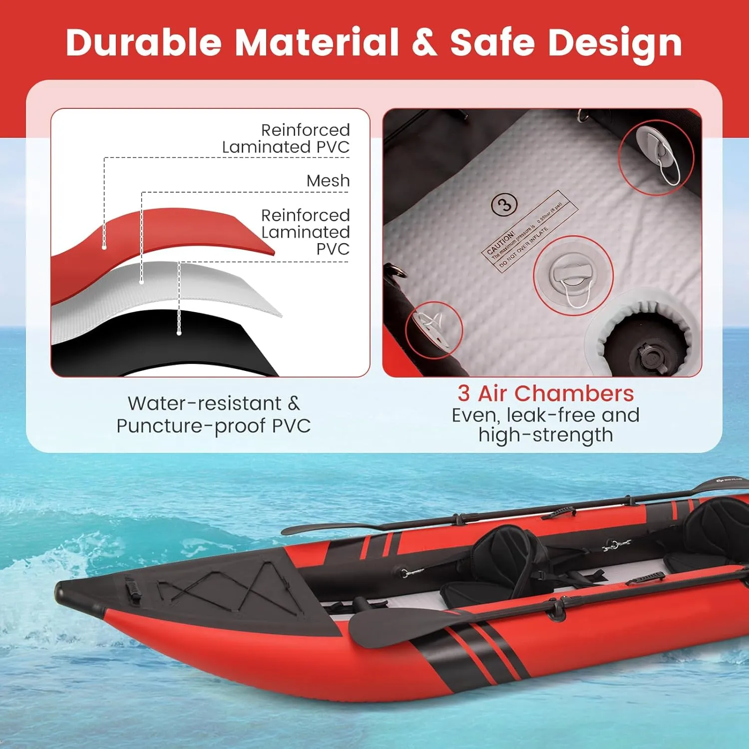 GYMAX Inflatable Kayak, 12.5Ft 507lbs Tandem Kayak with 2 Aluminum Paddles, 2 Padded Seats, Footrests, 2 Fins, Hand Pump, Carry Bag & Repair Kit, 2 Person Fishing Touring Kayak for Adults Youth