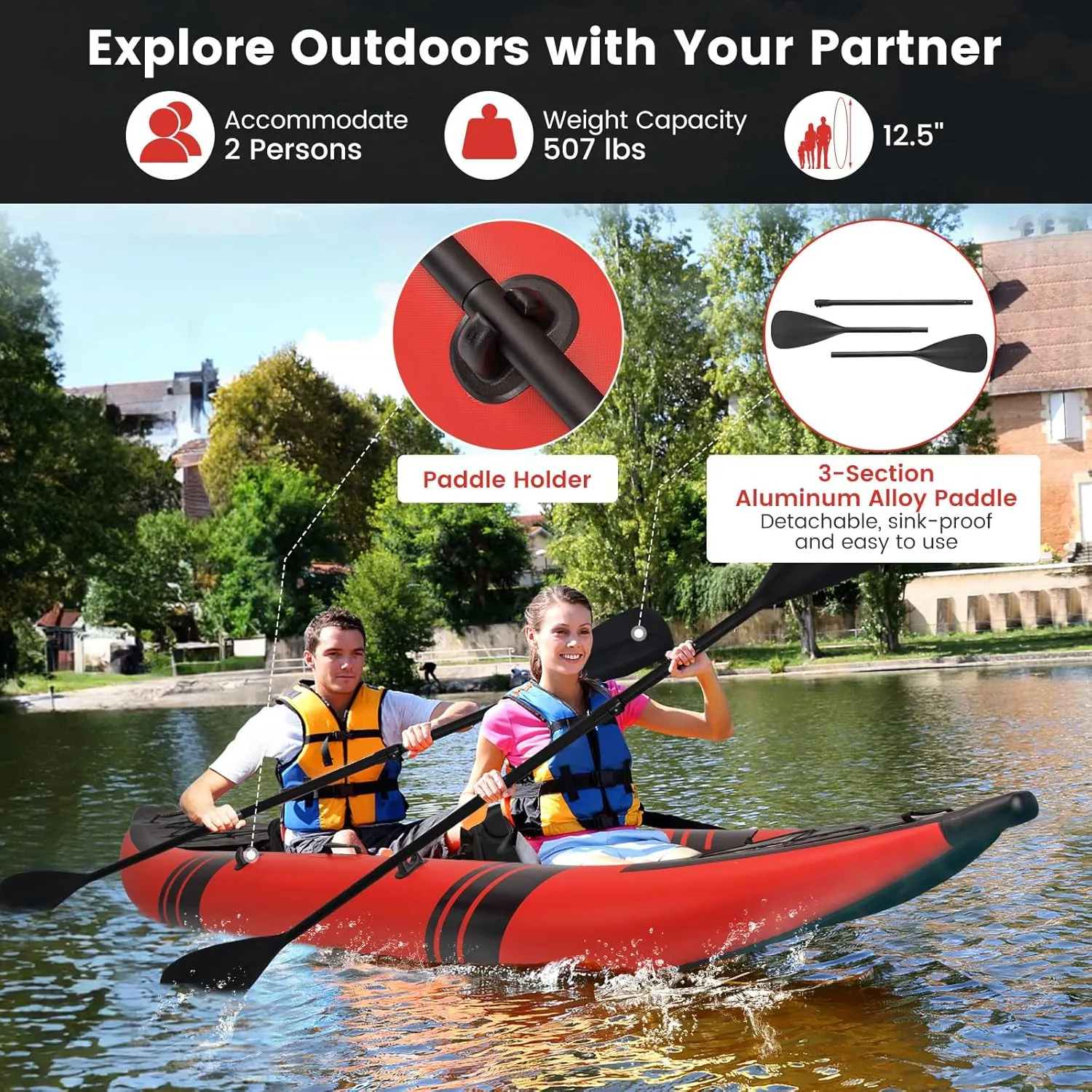 GYMAX Inflatable Kayak, 12.5Ft 507lbs Tandem Kayak with 2 Aluminum Paddles, 2 Padded Seats, Footrests, 2 Fins, Hand Pump, Carry Bag & Repair Kit, 2 Person Fishing Touring Kayak for Adults Youth