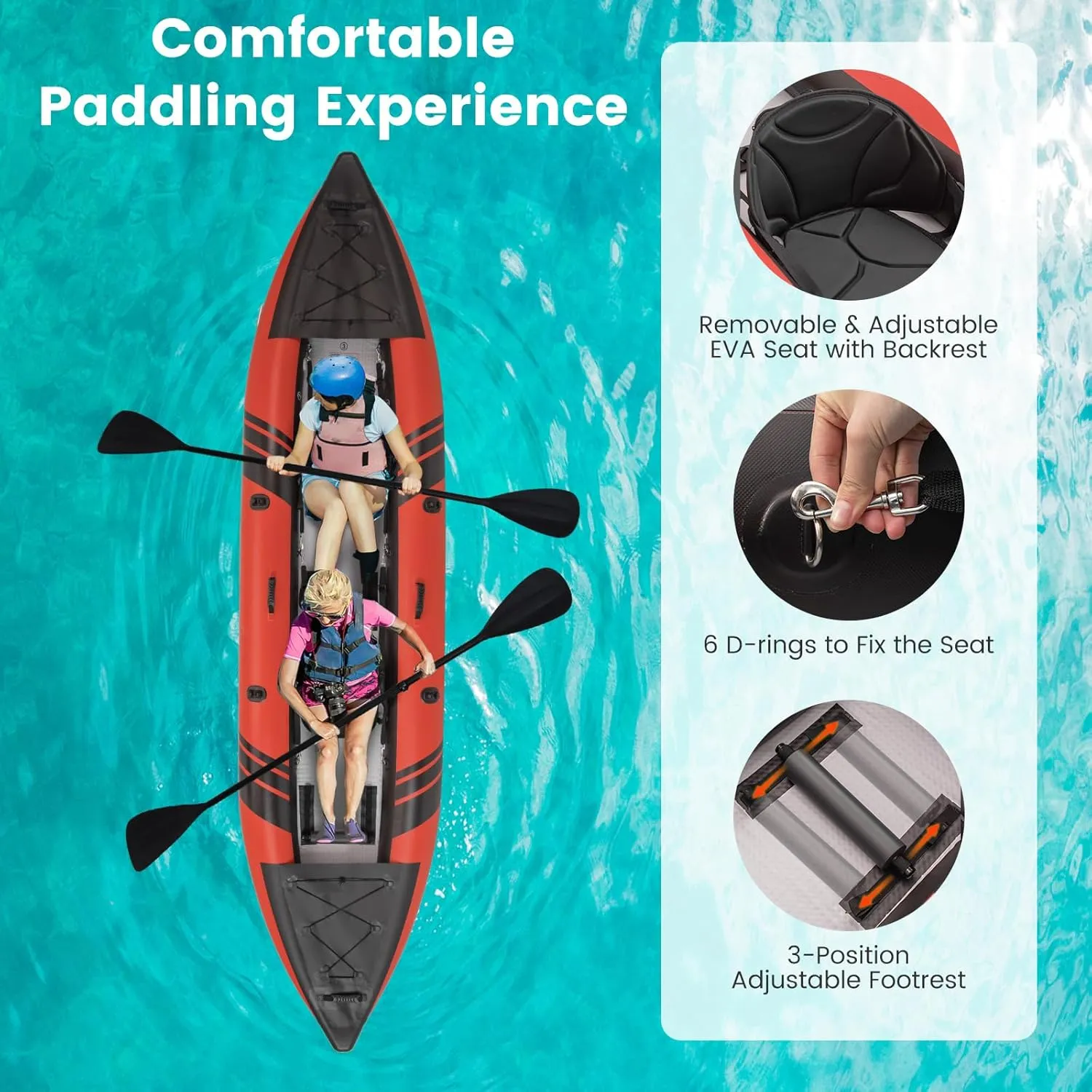 GYMAX Inflatable Kayak, 12.5Ft 507lbs Tandem Kayak with 2 Aluminum Paddles, 2 Padded Seats, Footrests, 2 Fins, Hand Pump, Carry Bag & Repair Kit, 2 Person Fishing Touring Kayak for Adults Youth