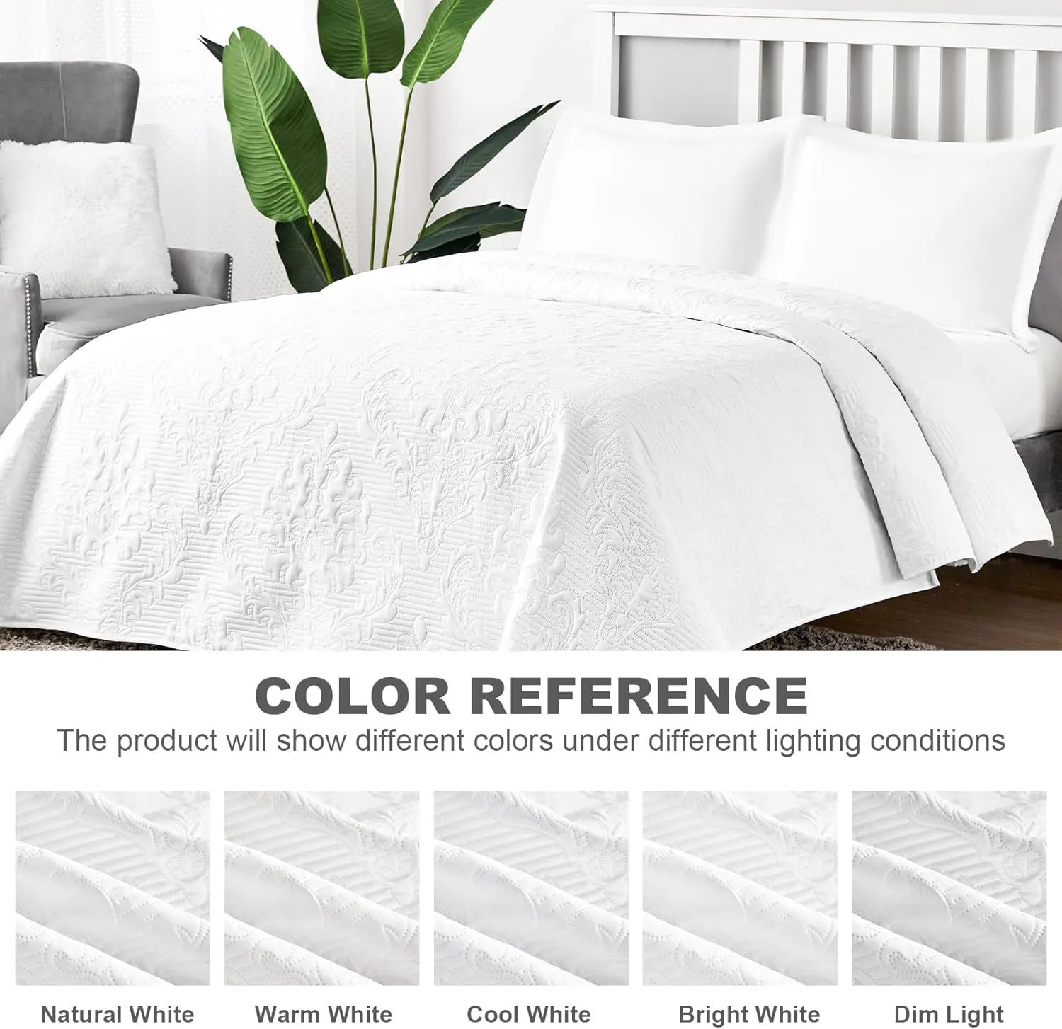 Hansleep White Quilt Queen Size - Damask Ultrasonic Summer Bedspread Queen, Soft Lightweight Coverlet Bedding Set, 3 Pieces (1 Quilt, 2 Pillow Shams)