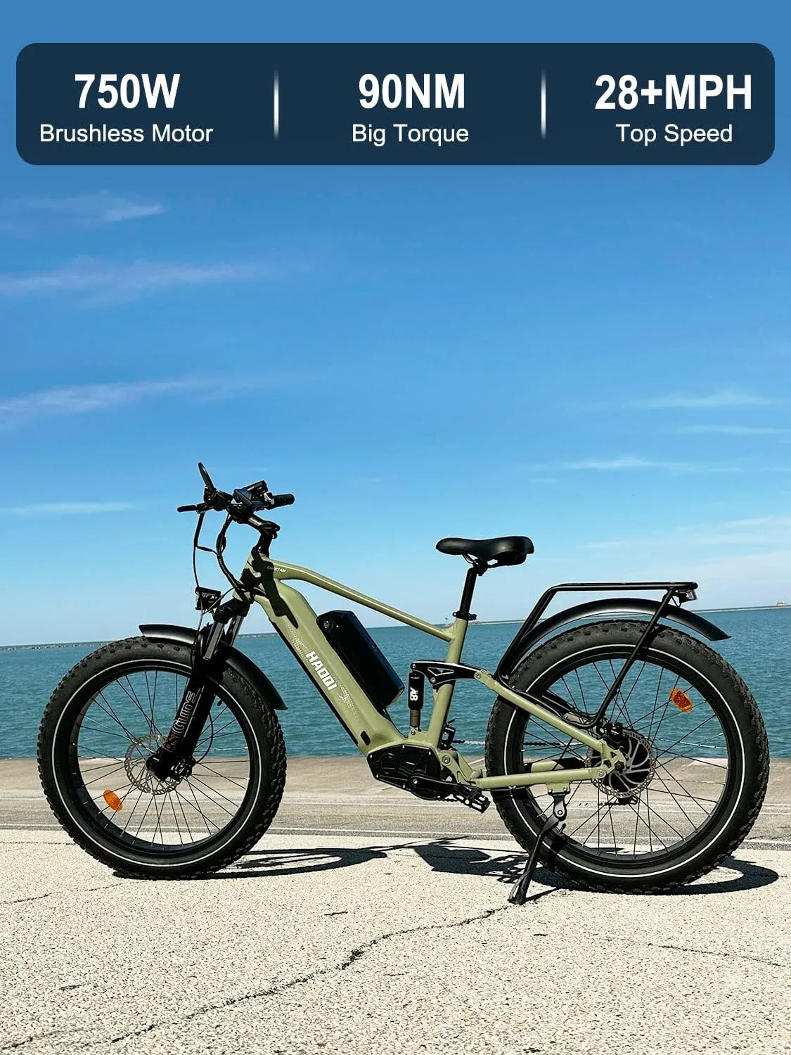 HAOQI Cheetah Electric Bike for Adults, 750W(Peak 1000W) Electric Bike,48V 16AH/25Ah Battery Adult Electric Bicycle,26*4Fat Tire Full Suspension 28MPH Mountain Ebike, 7 Speed Max 85 Miles Range