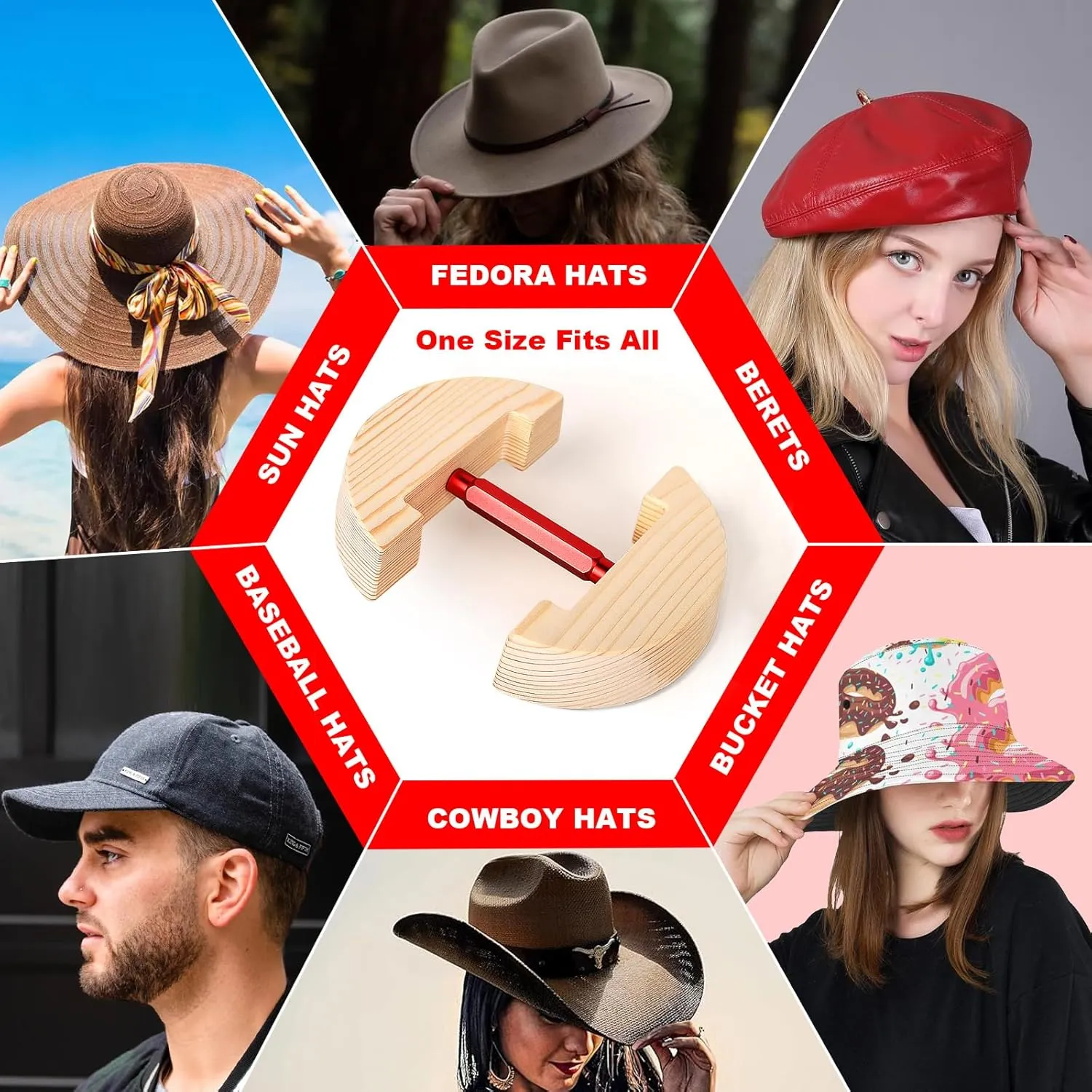 Hat Stretcher for Fitted Hats, Cowboy Hat Stretcher Fitted Hat 7 to 8 1/2, Adjustable Wooden Hat Jack Stretcher Fits All Caps