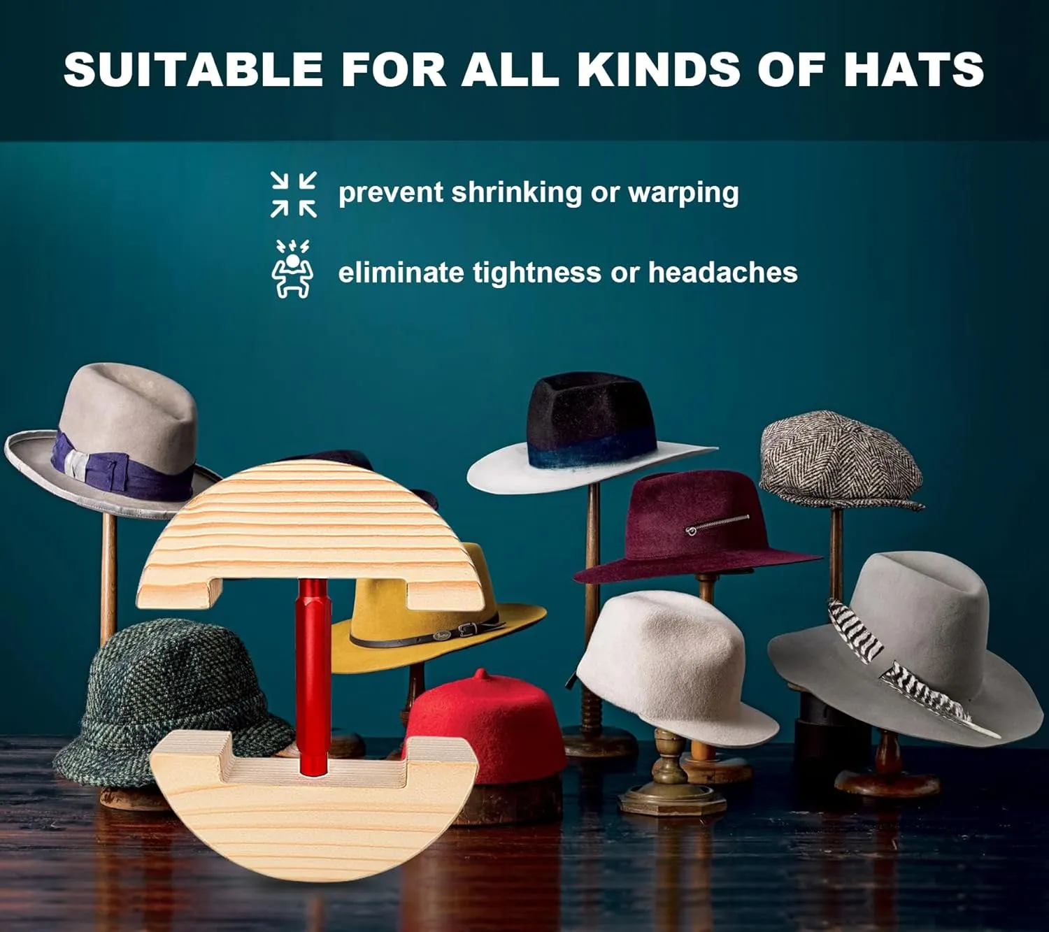 Hat Stretcher for Fitted Hats, Cowboy Hat Stretcher Fitted Hat 7 to 8 1/2, Adjustable Wooden Hat Jack Stretcher Fits All Caps