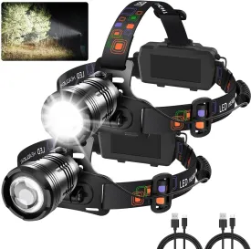 Headlamp Rechargeable 2Pack, Super Bright Head Lamp, Adjustable Focus LED Headlamp, 90Angle Head Lights for Forehead, 4Mode Headlight, Headlamps for Adults Hard Hat Camping Essentials Gear