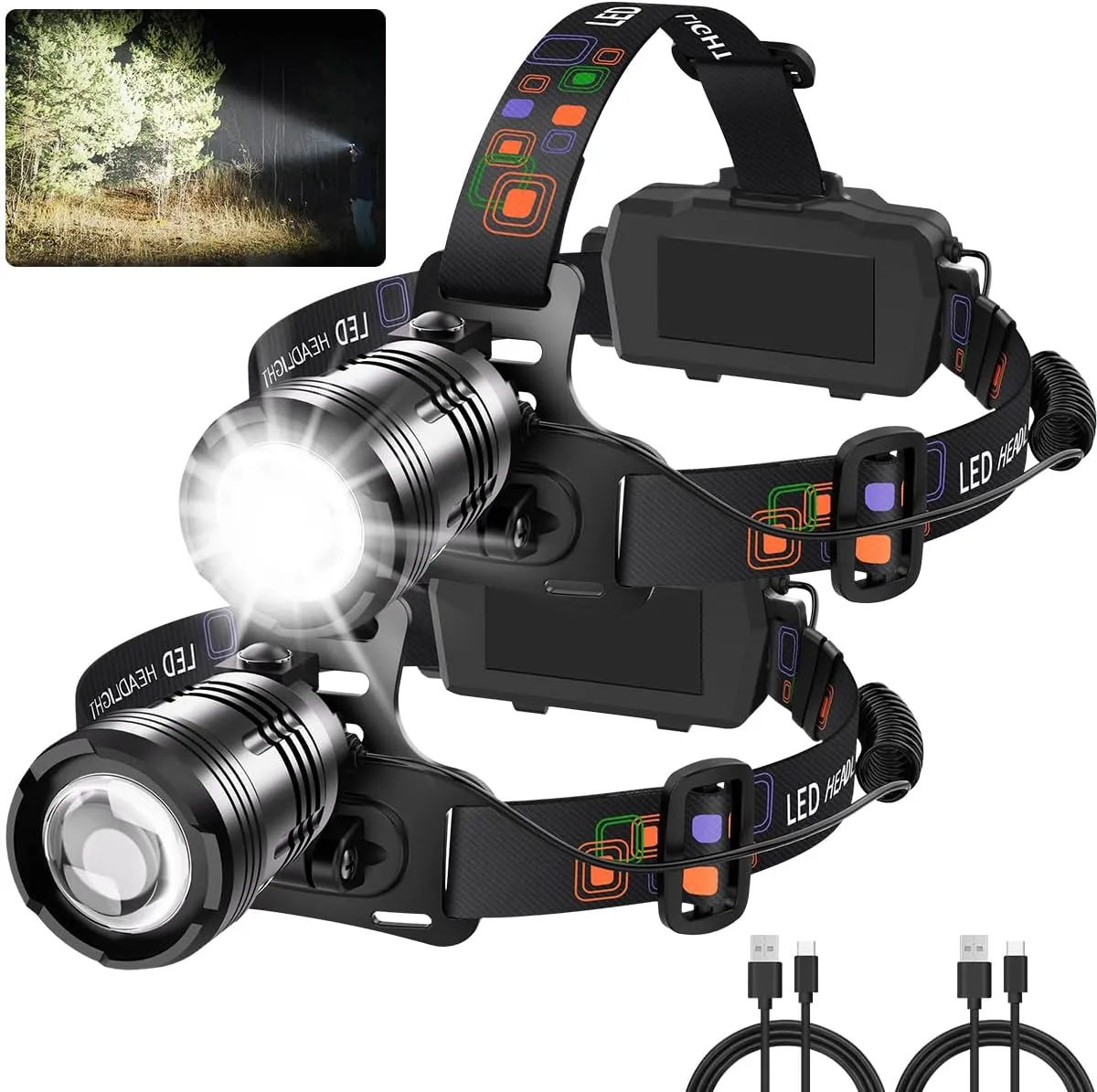Headlamp Rechargeable 2Pack, Super Bright Head Lamp, Adjustable Focus LED Headlamp, 90Angle Head Lights for Forehead, 4Mode Headlight, Headlamps for Adults Hard Hat Camping Essentials Gear