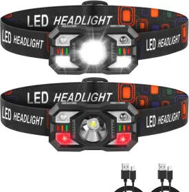 Headlamp Rechargeable, LED Headlamp with Red Light, 2Pack Headlamps for Adults, Head Lamps LED Rechargeable, Headlight Motion Sensor, Head Lights for Forehead Hardhat Running Hunting Camping