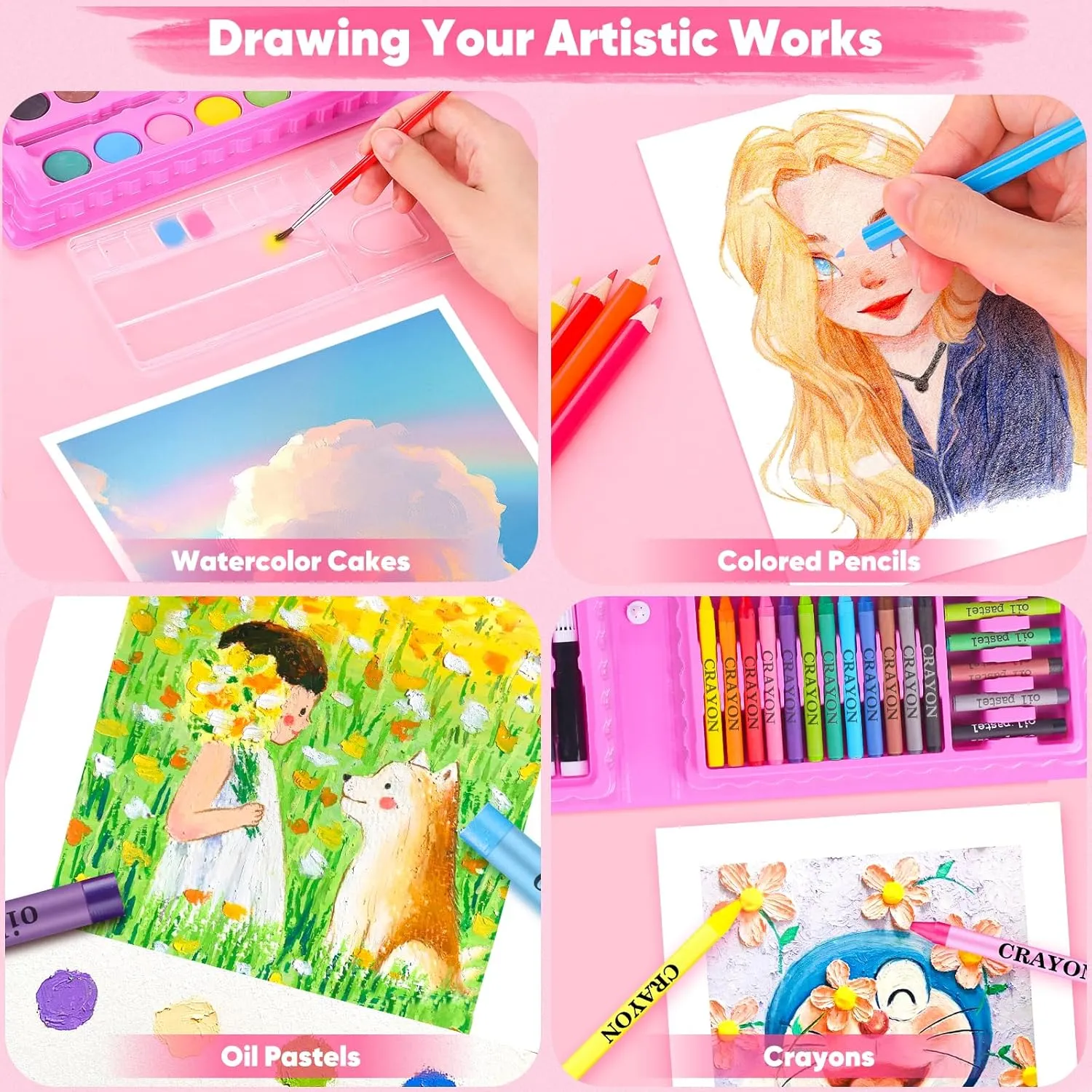 iBayam Art Supplies, 149-Pack Drawing Kit Painting Art Set Art Kits Gifts Box, Arts and Crafts for Kids Girls Boys, with Coloring Book, Crayons, Pastels, Pencils, Watercolor Pens (Pink)