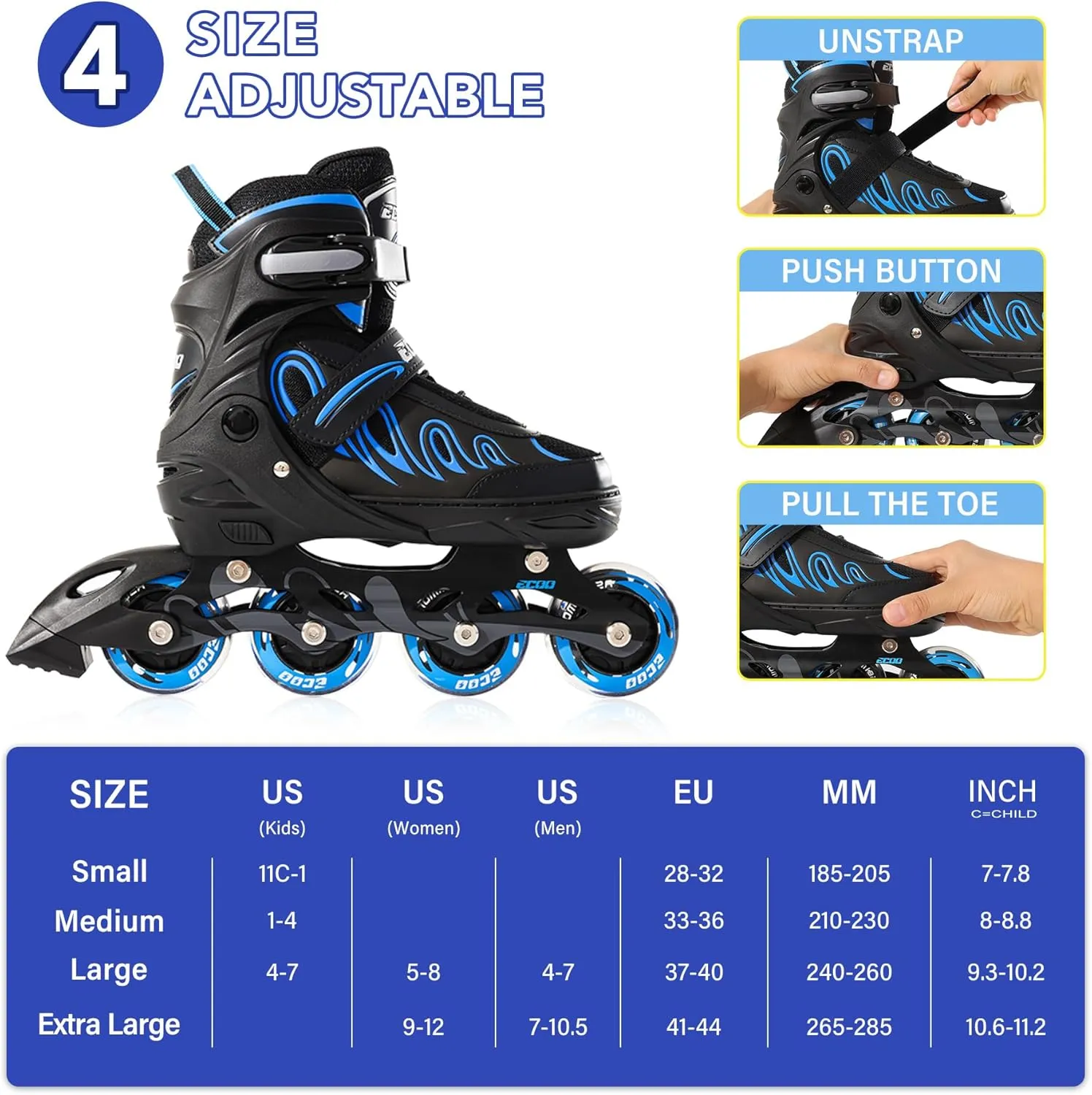 Inline Skates for Girls and Boys Ages 5-8 8-12 Light up Wheels, Adjustable Size Roller Skates Blades Kids Adult Women Outdoor