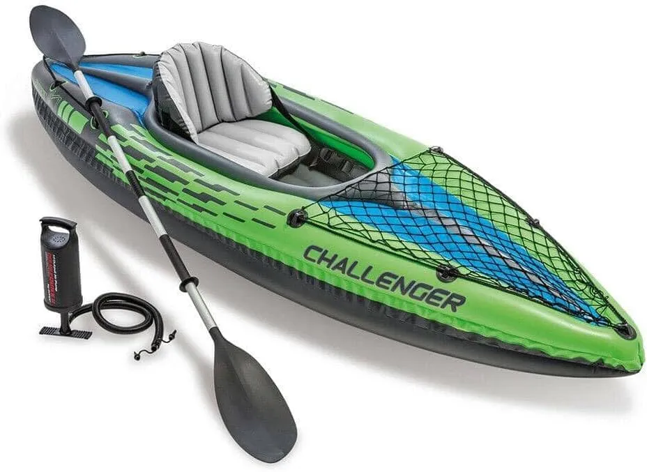 Intex Challenger K1 Kayak 1 Man Inflatable Canoe with Aluminum Oars and Hand Pump, Green/Blue