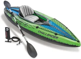Intex Challenger K1 Kayak 1 Man Inflatable Canoe with Aluminum Oars and Hand Pump, Green/Blue