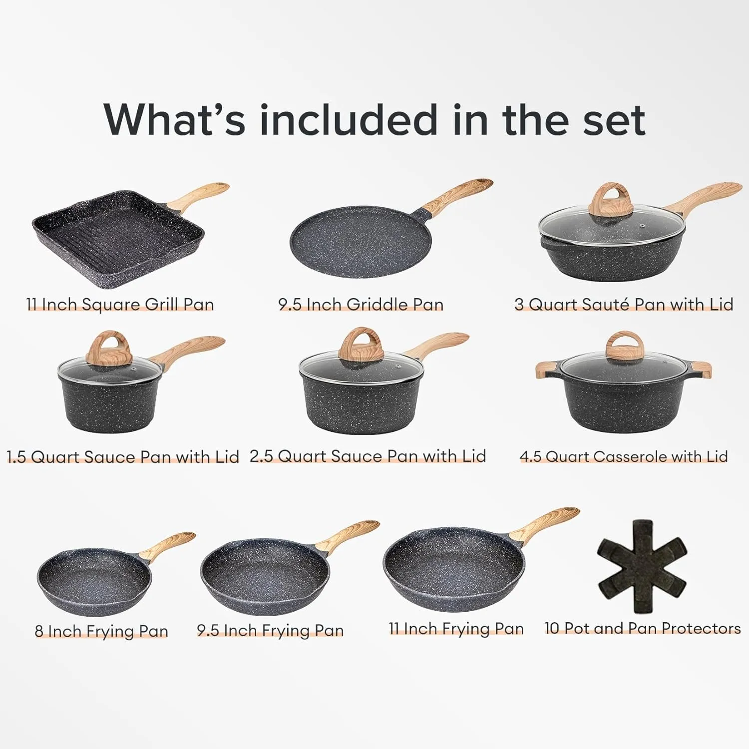 JEETEE Pots and Pans Set Nonstick 23pcs, Healthy Kitchen Cookware Sets, Induction Cooking Set W/Gray Granite Stone Frying Pans, Saucepans, Saut Pan, Griddle Pan & Crepe Pan (PFOA Free)