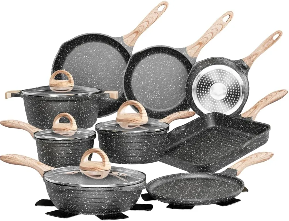 JEETEE Pots and Pans Set Nonstick 23pcs, Healthy Kitchen Cookware Sets, Induction Cooking Set W/Gray Granite Stone Frying Pans, Saucepans, Saut Pan, Griddle Pan & Crepe Pan (PFOA Free)