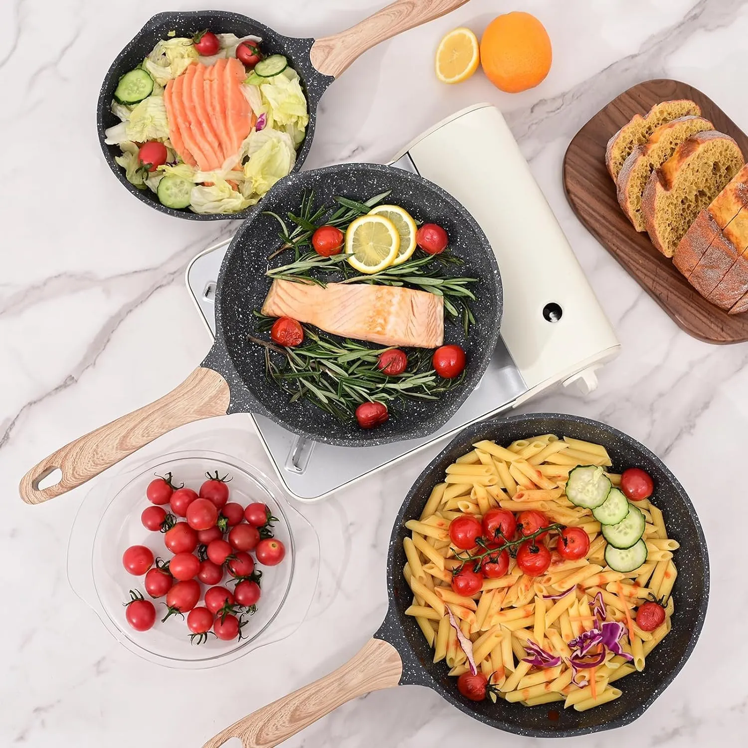 JEETEE Pots and Pans Set Nonstick 23pcs, Healthy Kitchen Cookware Sets, Induction Cooking Set W/Gray Granite Stone Frying Pans, Saucepans, Saut Pan, Griddle Pan & Crepe Pan (PFOA Free)