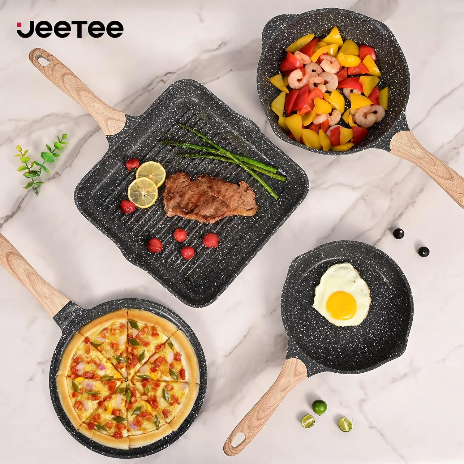 JEETEE Pots and Pans Set Nonstick 23pcs, Healthy Kitchen Cookware Sets, Induction Cooking Set W/Gray Granite Stone Frying Pans, Saucepans, Saut Pan, Griddle Pan & Crepe Pan (PFOA Free)