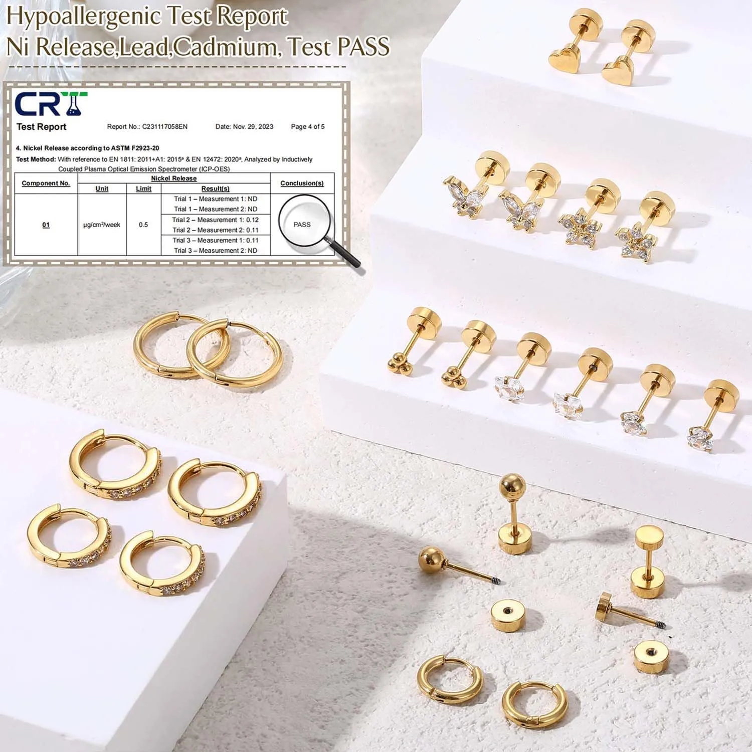 Jstyle Hypoallergenic Surgical Steel Earrings for Sensitive Ears 14K Gold Flat Back Earrings for Women Men Small Stainless Steel Earrings Flatback Stud Hoop Cartilage Earring Set for Multiple Piercing