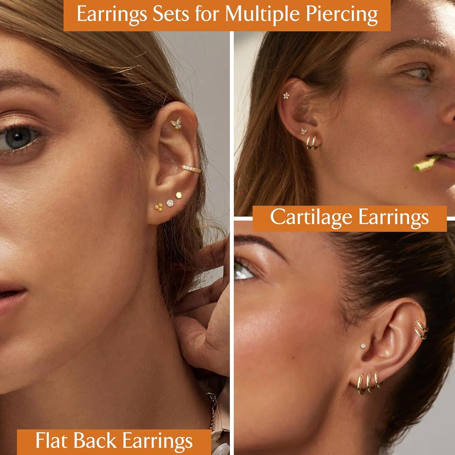 Jstyle Hypoallergenic Surgical Steel Earrings for Sensitive Ears 14K Gold Flat Back Earrings for Women Men Small Stainless Steel Earrings Flatback Stud Hoop Cartilage Earring Set for Multiple Piercing