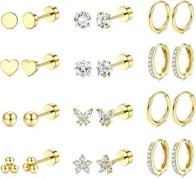 Jstyle Hypoallergenic Surgical Steel Earrings for Sensitive Ears 14K Gold Flat Back Earrings for Women Men Small Stainless Steel Earrings Flatback Stud Hoop Cartilage Earring Set for Multiple Piercing