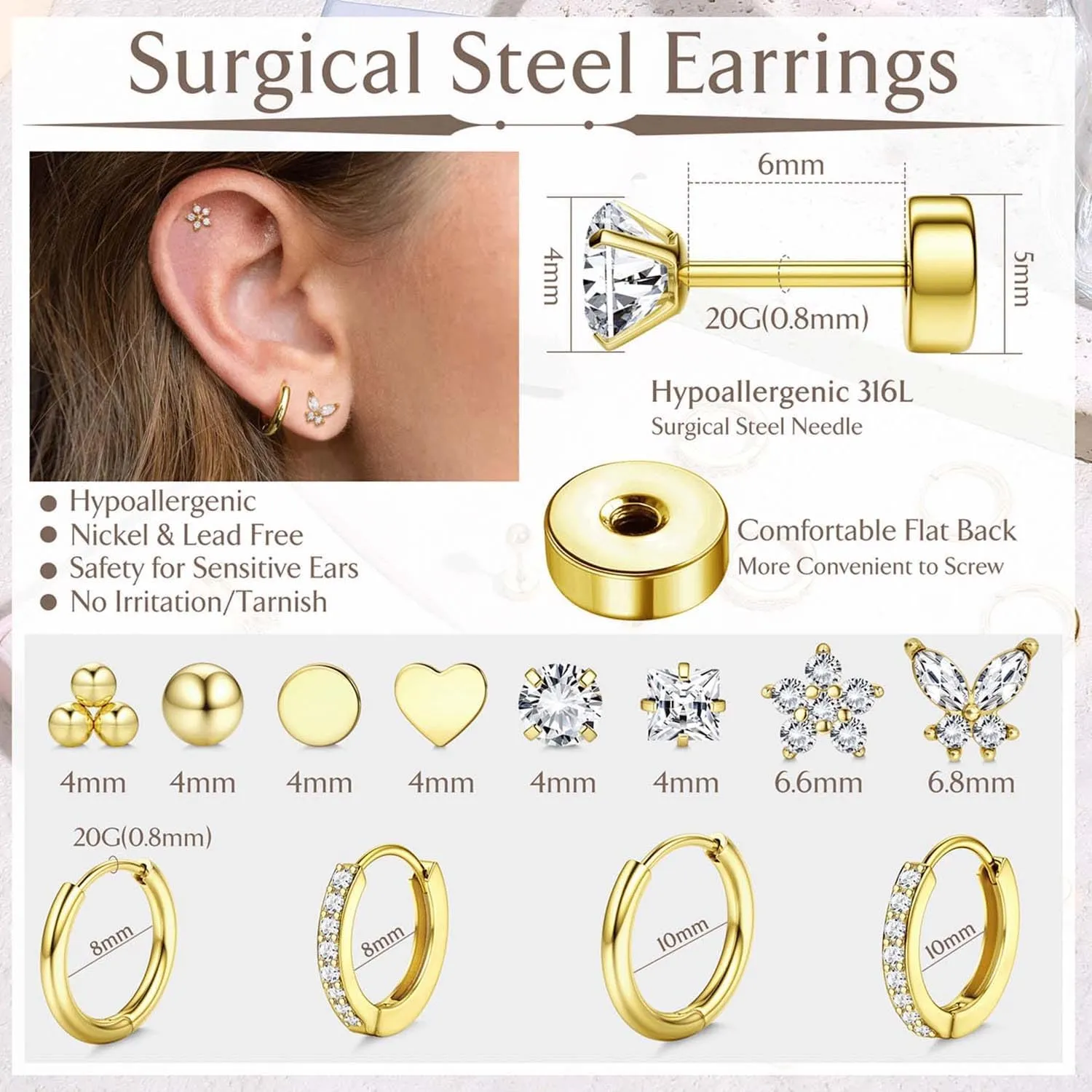 Jstyle Hypoallergenic Surgical Steel Earrings for Sensitive Ears 14K Gold Flat Back Earrings for Women Men Small Stainless Steel Earrings Flatback Stud Hoop Cartilage Earring Set for Multiple Piercing