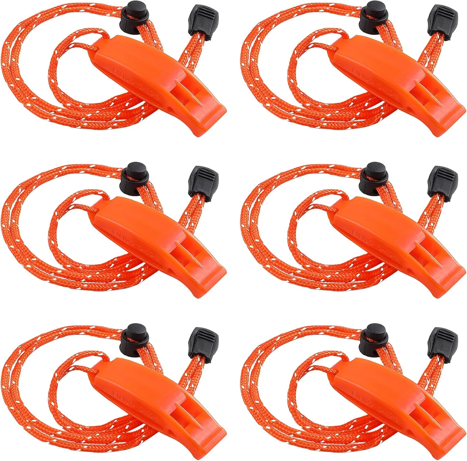 JULBEAR 6PCS Safety Survival Whistles with Adjustable Reflective Lanyard Emergency Plastic Whistle Marine Whistle