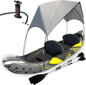 KP Inflatable Kayak 2 Person with Sun Canopy (Detachable)   Kayaks for Adults   Waterproof Phone Bags   Adjustable Seats   3rd Seat for Dog/Child   Backrests & More