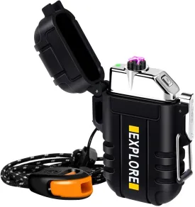 LcFun Electric Plasma Lighter - Windproof, Waterproof, USB Rechargeable with Emergency Whistle for Hiking, Camping, Outdoor, Survival, Tactical, EDC Gear (Black)