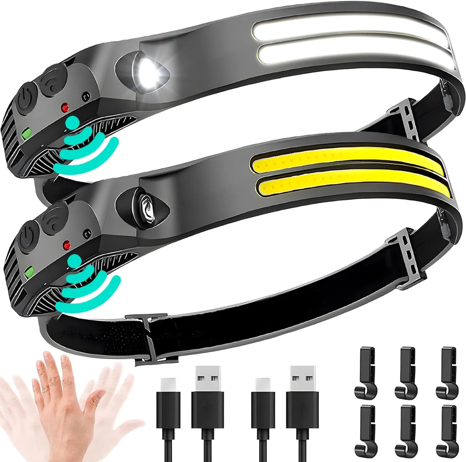 LED Headlamp Rechargeable 2PCS - 230 COB Super Bright Head Lights for Forehead, Hard hat Light for Adults, USB C Headband Flashlight for Work, Hiking, Running, Camping Essentials Gear