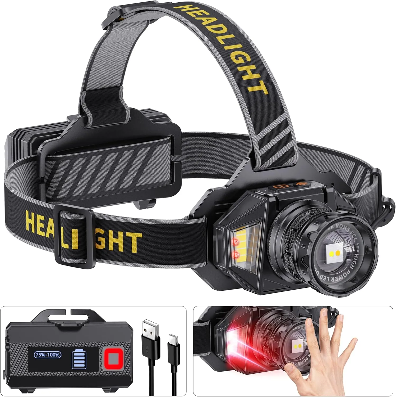 LED Headlamp Rechargeable2000 High Lumens Head Lamp with 12 Modes & 90H Long Battery Life & Motion Sensor & IPX7 Waterproof,90 Adjustable Headlight for Outdoor Camping,Cycling,Hiking