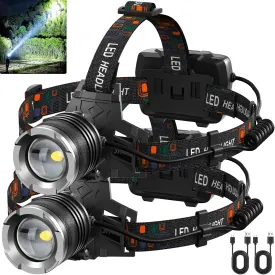 LED Rechargeable Headlamp, 3000 Lumens Super Bright Head Lamp with 5 Modes, 90Adjustable, USB Rechargeable, Waterproof LED Headlamps for Adults Camping, Hiking, Climbing (2 Pack)