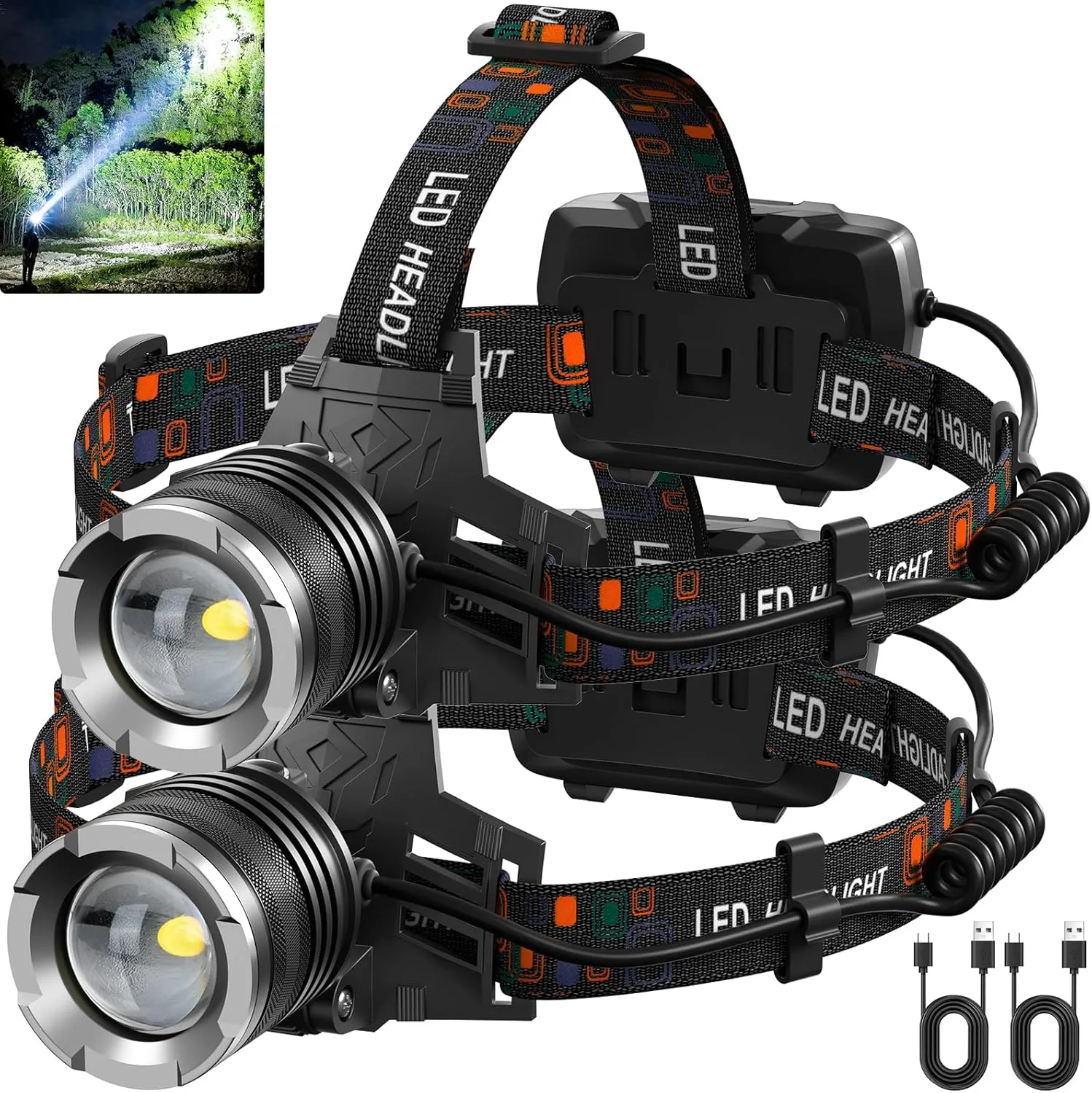 LED Rechargeable Headlamp, 3000 Lumens Super Bright Head Lamp with 5 Modes, 90Adjustable, USB Rechargeable, Waterproof LED Headlamps for Adults Camping, Hiking, Climbing (2 Pack)