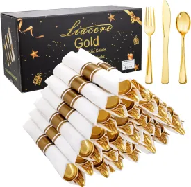 Liacere 100Pack Pre Rolled Gold Silverware and Napkin-Disposable Gold Plastic Utensils-Wrapped Plastic Cutlery Set with Napkin:100 Forks,100 Knives,100 Spoons,100 Napkins for Wedding&Thanksgiving