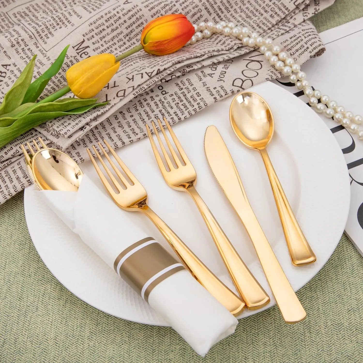 Liacere 100Pack Pre Rolled Gold Silverware and Napkin-Disposable Gold Plastic Utensils-Wrapped Plastic Cutlery Set with Napkin:100 Forks,100 Knives,100 Spoons,100 Napkins for Wedding&Thanksgiving