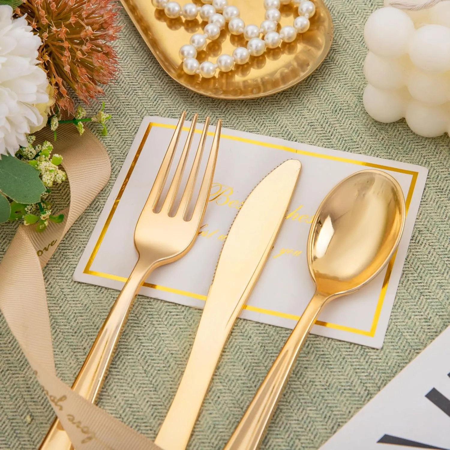 Liacere 100Pack Pre Rolled Gold Silverware and Napkin-Disposable Gold Plastic Utensils-Wrapped Plastic Cutlery Set with Napkin:100 Forks,100 Knives,100 Spoons,100 Napkins for Wedding&Thanksgiving