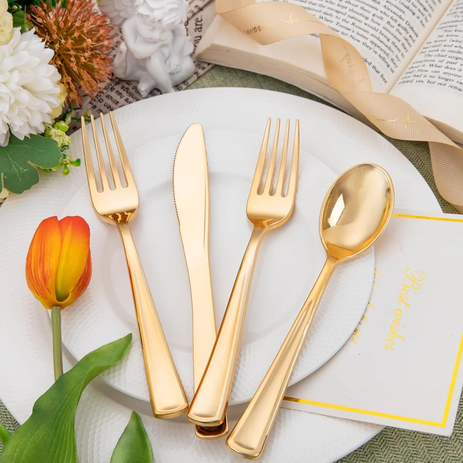 Liacere 100Pack Pre Rolled Gold Silverware and Napkin-Disposable Gold Plastic Utensils-Wrapped Plastic Cutlery Set with Napkin:100 Forks,100 Knives,100 Spoons,100 Napkins for Wedding&Thanksgiving