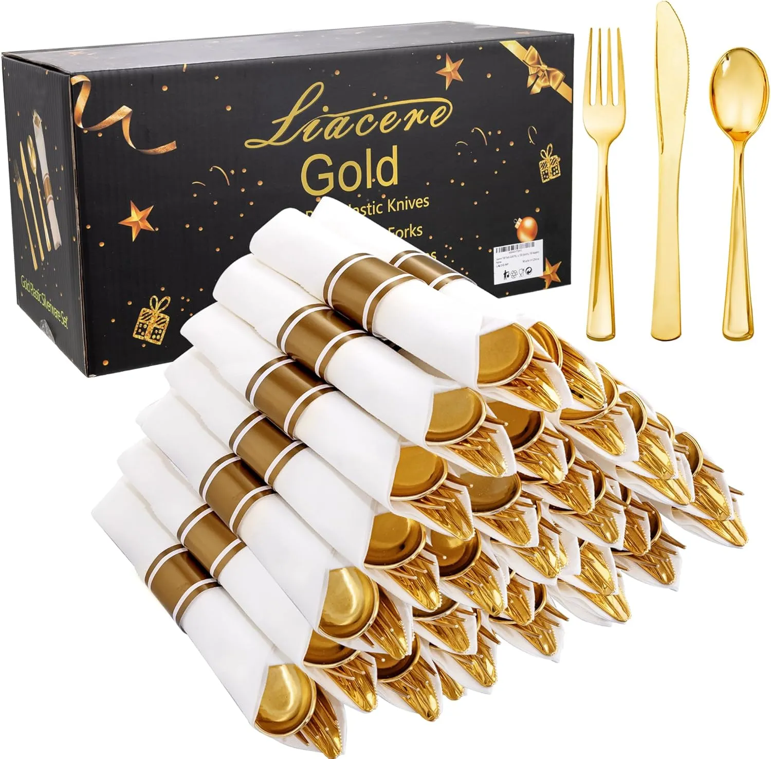 Liacere 100Pack Pre Rolled Gold Silverware and Napkin-Disposable Gold Plastic Utensils-Wrapped Plastic Cutlery Set with Napkin:100 Forks,100 Knives,100 Spoons,100 Napkins for Wedding&Thanksgiving